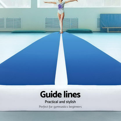 Blue and white 5m x 1m inflatable air track mat for gymnastics, 20cm thick, used for tumbling and gymnastics training.