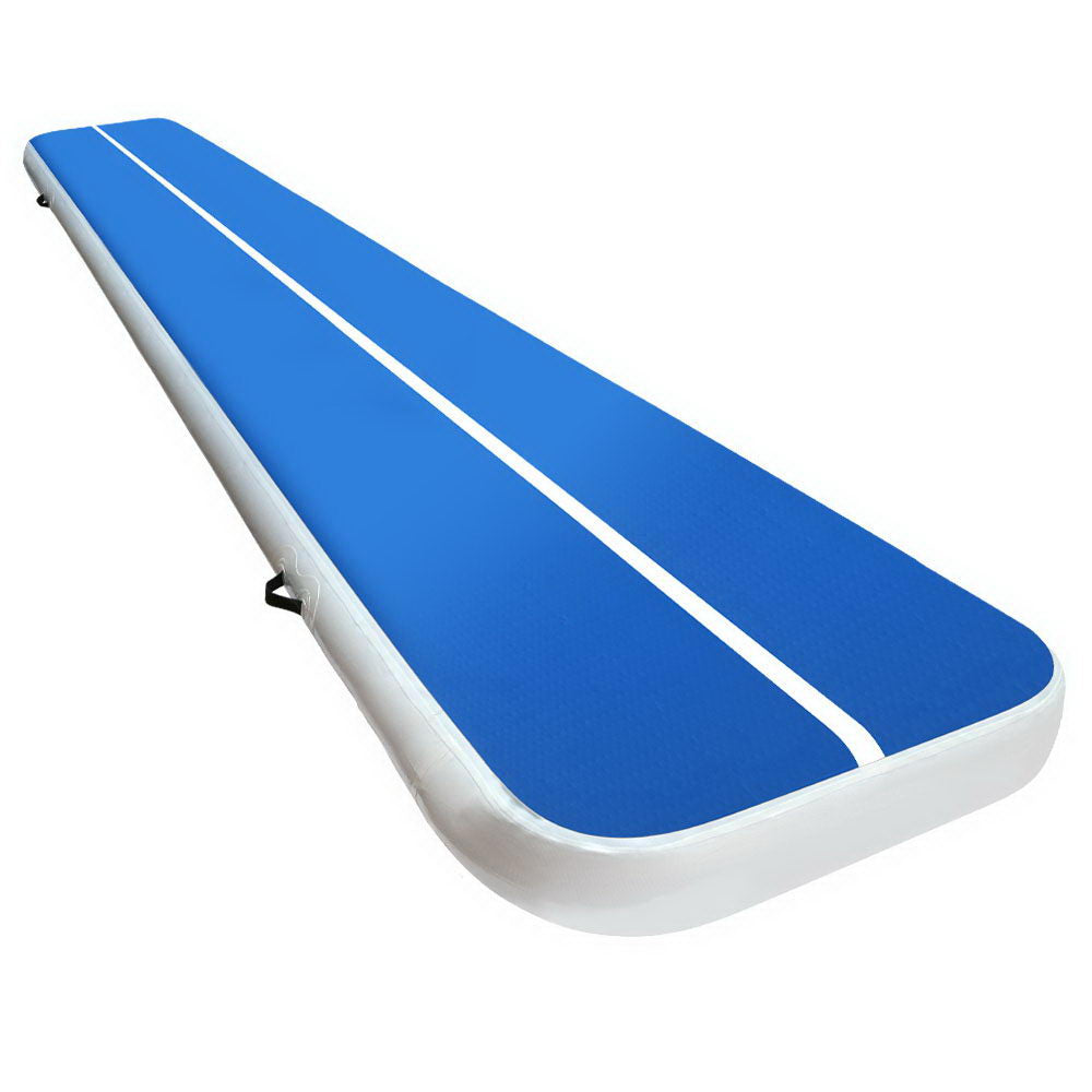 Blue and white 5m x 1m inflatable air track gymnastics mat, 20cm thick, used for tumbling and exercise training.