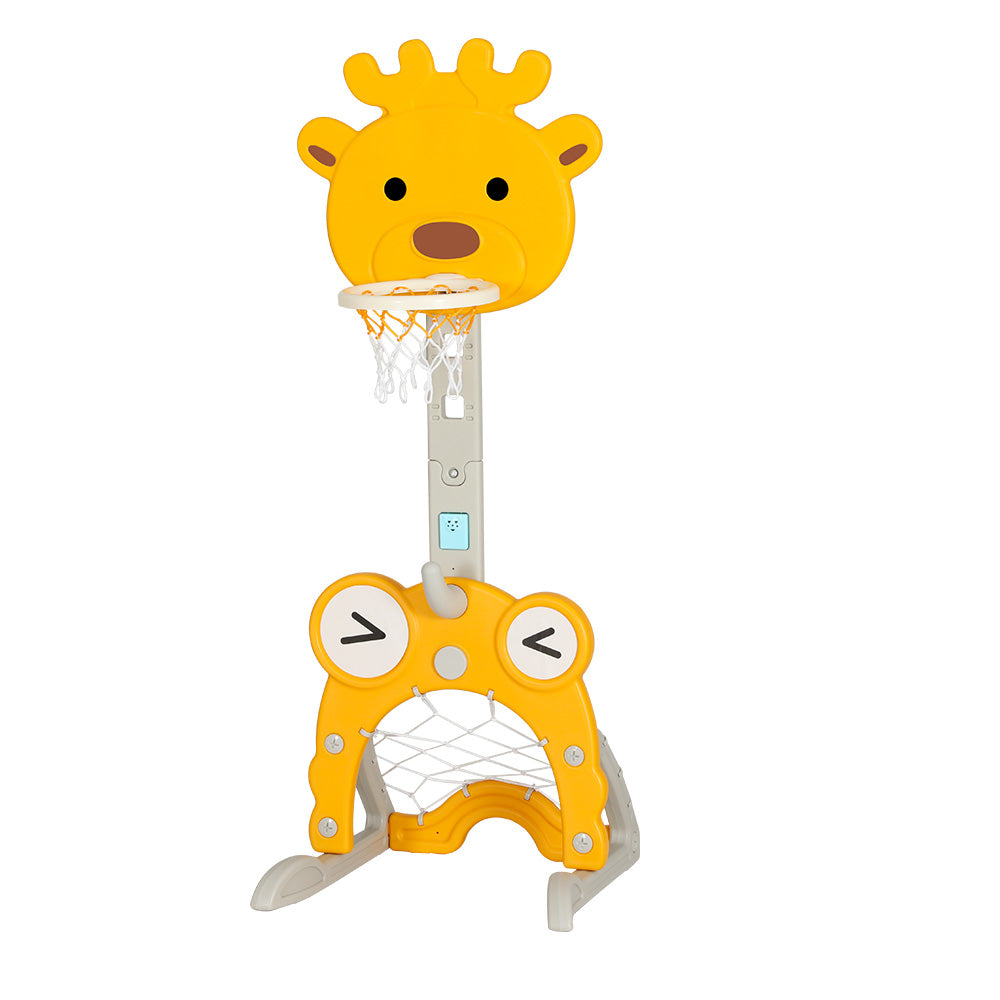 Keezi kids basketball hoop stand in yellow, adjustable 5-in-1 sports center toy for children, part of ball sports and basketball accessories.