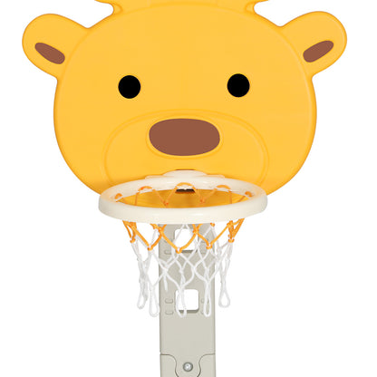 Keezi kids basketball hoop stand with yellow adjustable 5-in-1 sports center toy set, suitable for ball sports and basketball play.