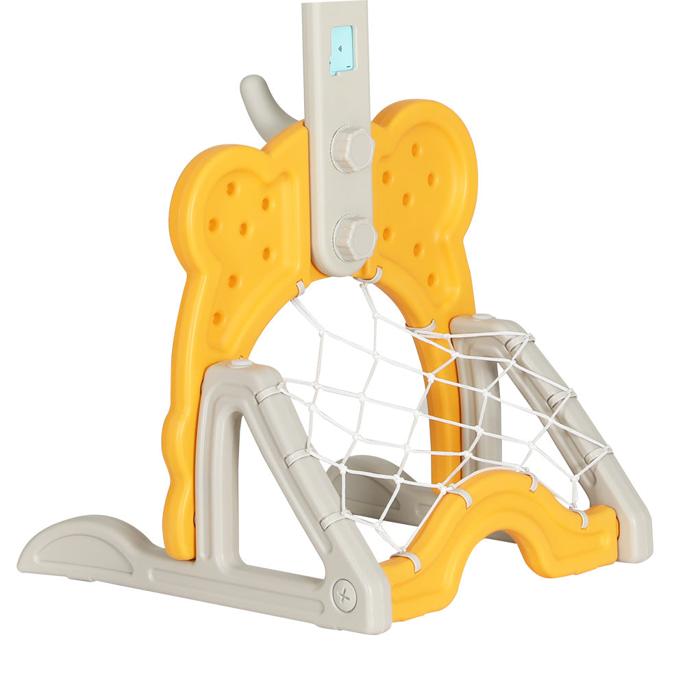 Keezi Kids adjustable yellow basketball hoop stand with 5-in-1 sports center toys set for children, suitable for indoor and outdoor play.
