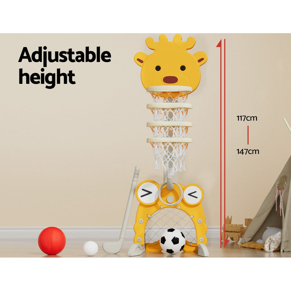 Keezi kids basketball hoop stand with adjustable height, yellow 5-in-1 sports center toy set for children, ball sports accessory