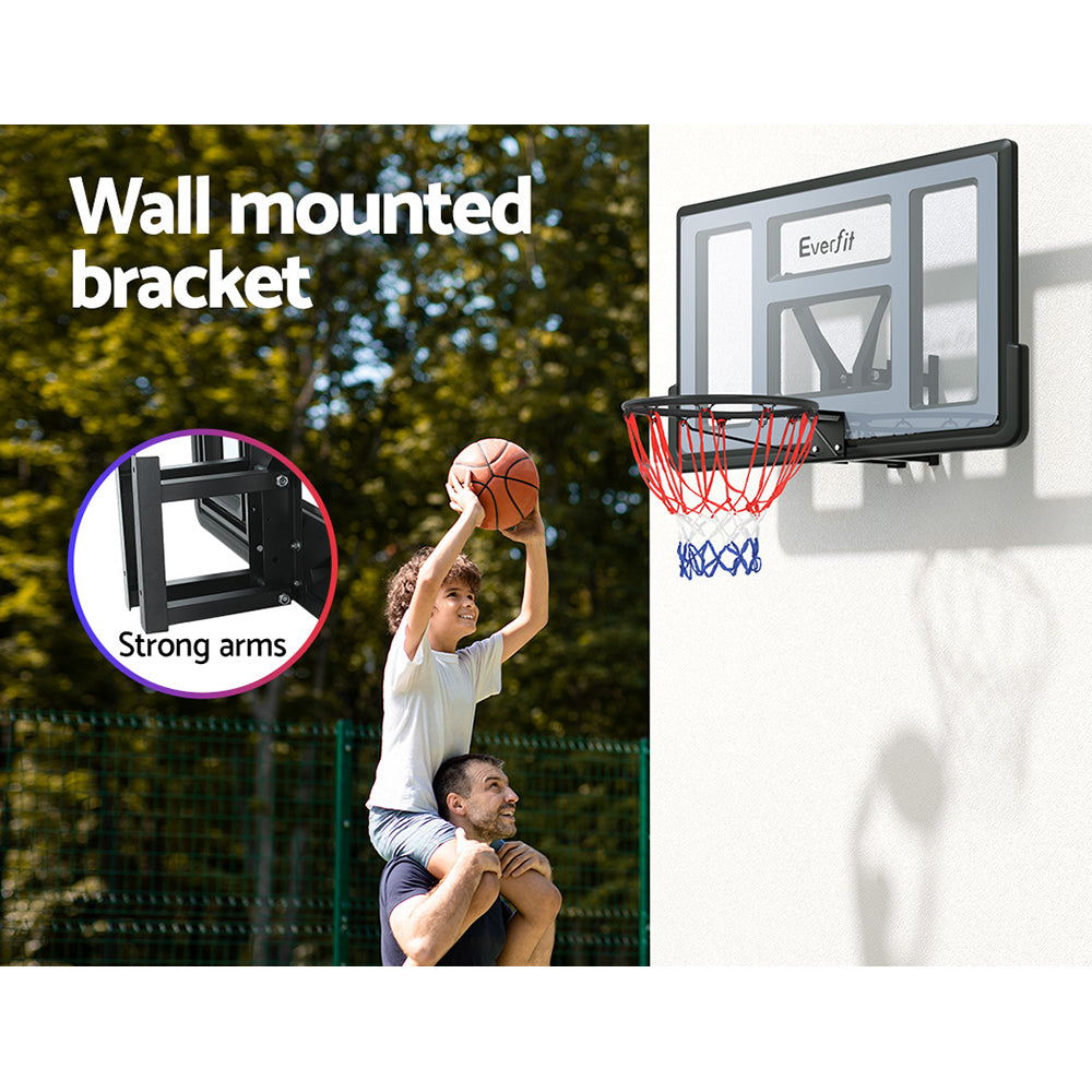 Wall-mounted Everfit 45-inch basketball hoop backboard with ring and net, suitable for indoor or outdoor sports.