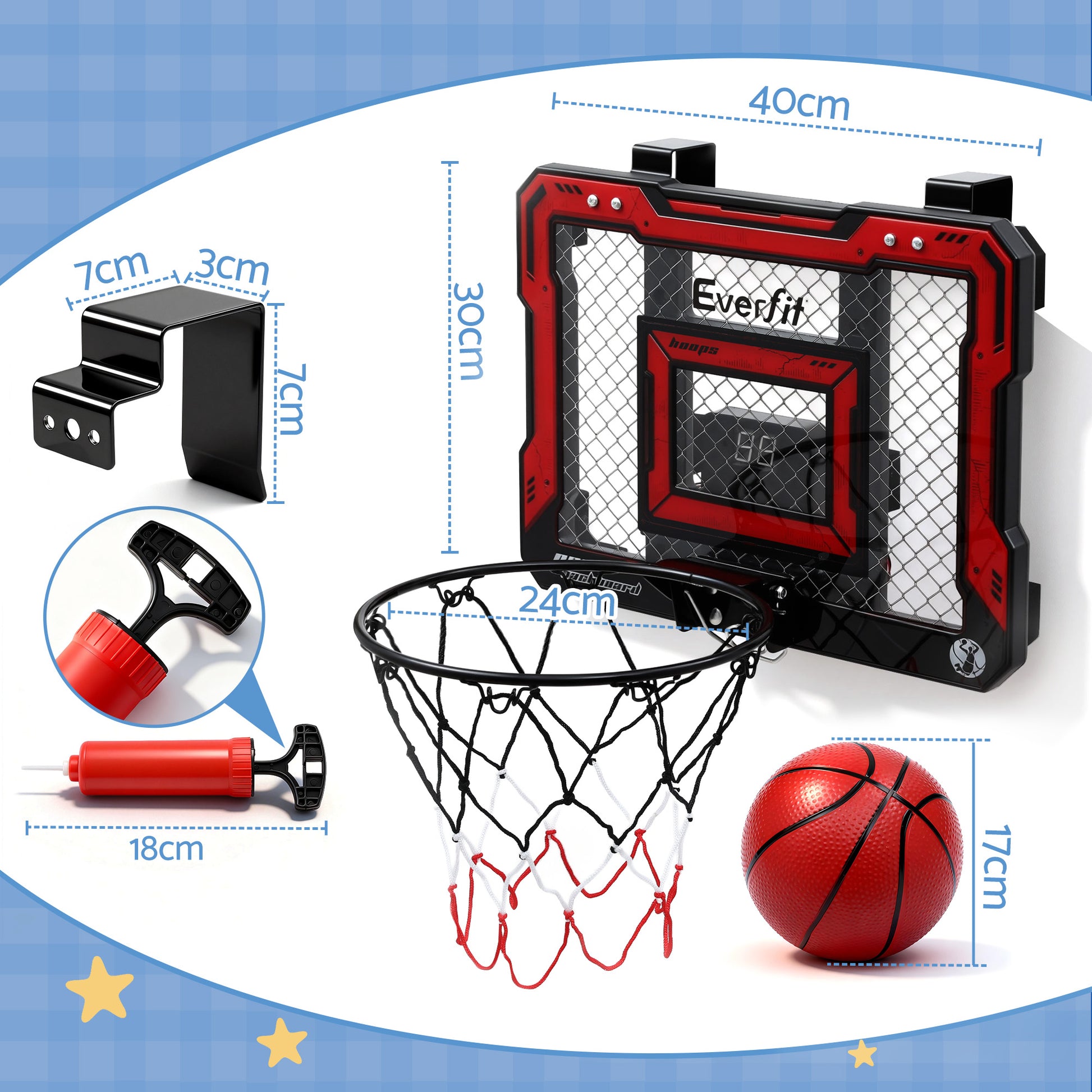 Everfit mini basketball hoop over door set with LED scoreboard, suitable for kids, features a 40x30cm backboard and red hoop.