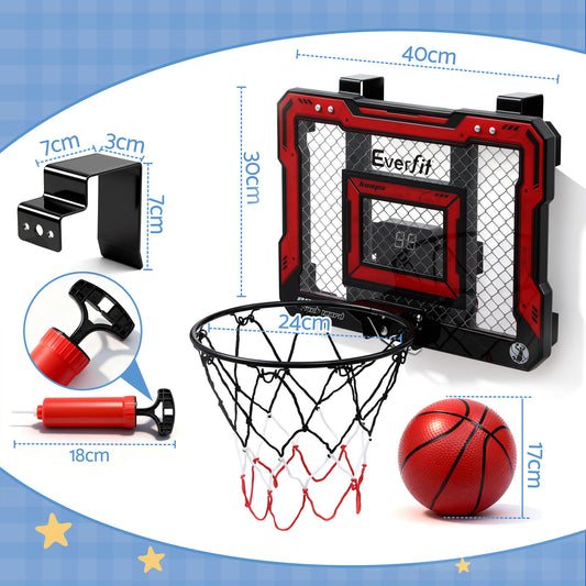 Everfit mini basketball hoop over door set with LED scoreboard, suitable for kids, features a 40x30cm backboard and red hoop.