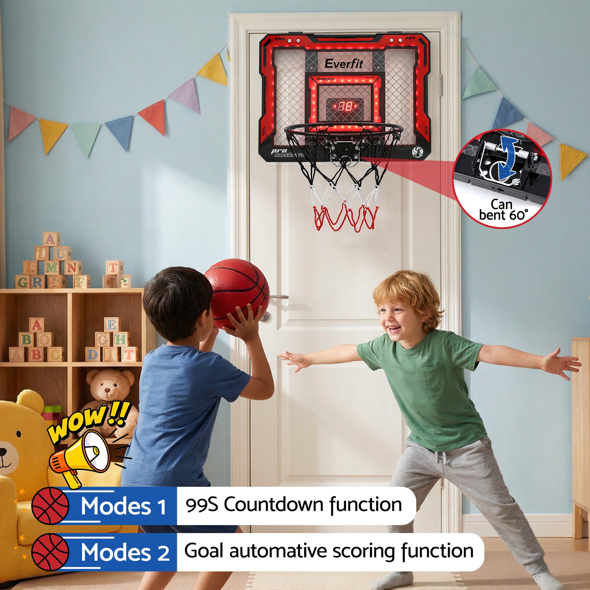 Everfit mini basketball hoop with LED scoreboard, over door indoor set in red, 40x30cm, for kids' basketball games.