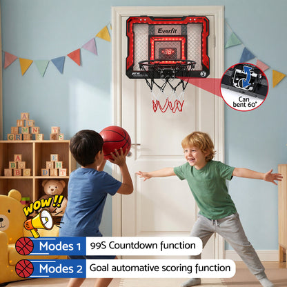 Everfit mini basketball hoop with LED scoreboard, over door indoor set in red, 40x30cm, for kids' basketball games.