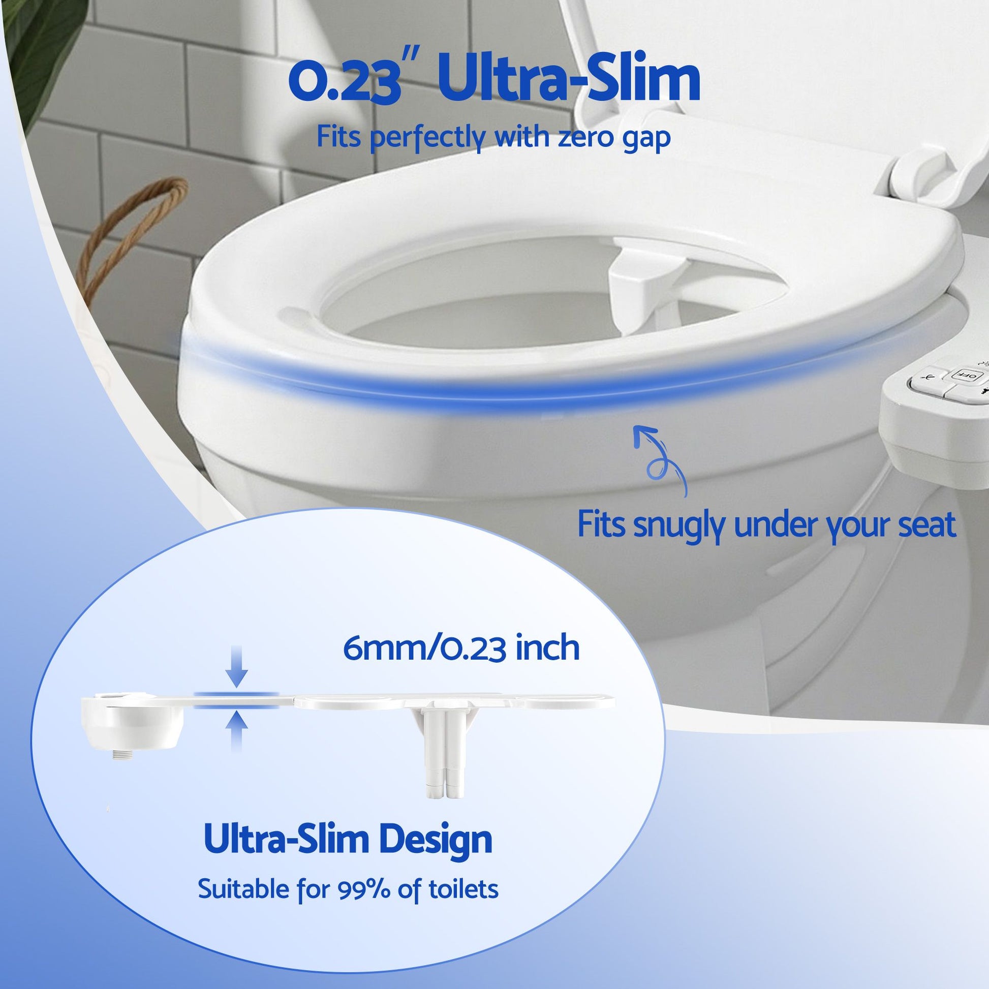 Hlpmedical Cefito ultra-slim bidet attachment with self-cleaning dual nozzles and adjustable water pressure for cold water cleansing.