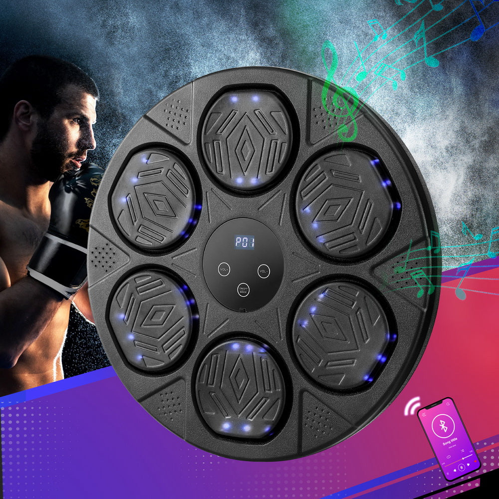 Hlpmedical Everfit music boxing machine with Bluetooth, wall-mounted punch target, LED display, and boxing gloves for fitness training.