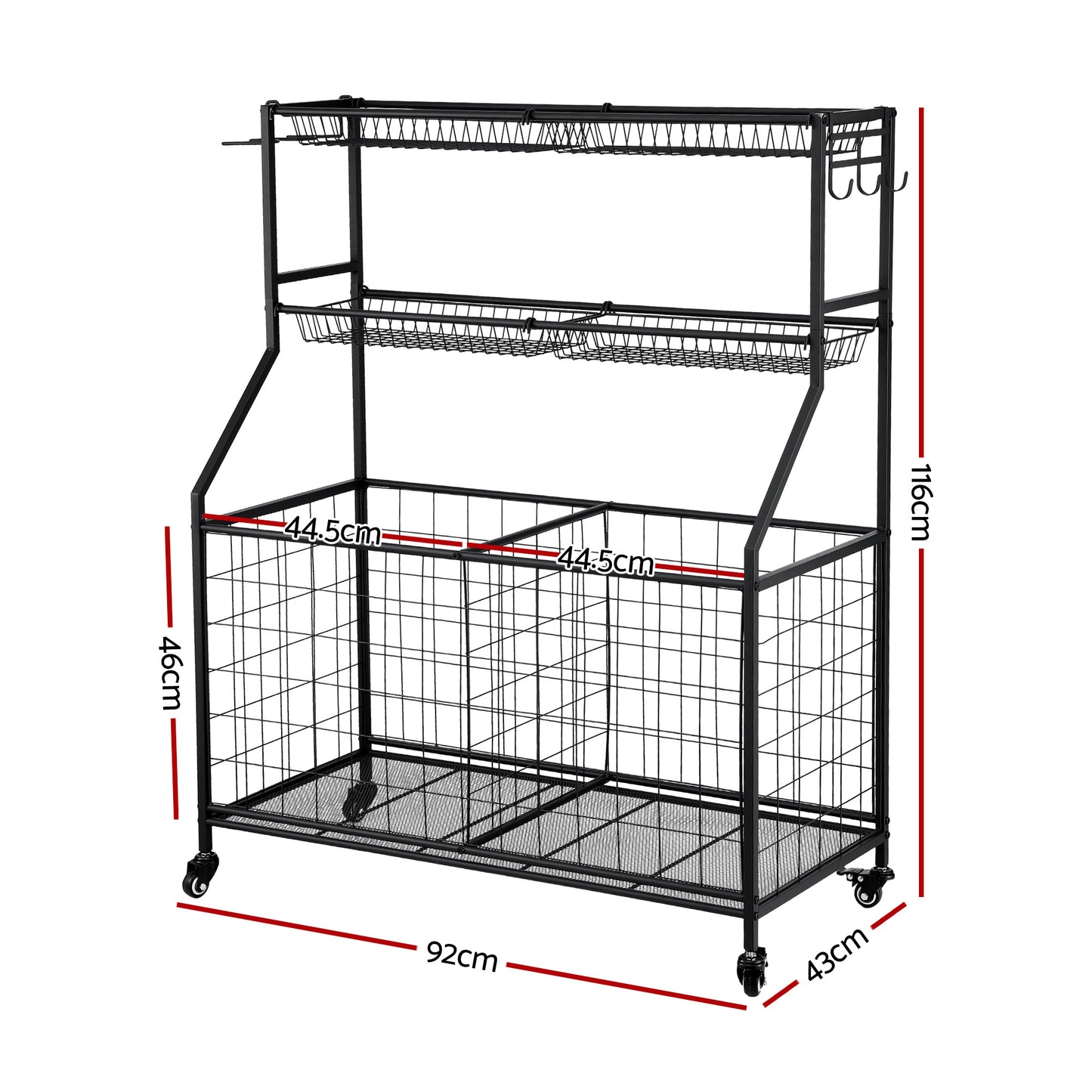 Black Everfit sports equipment organizer with wheels, multi-sport garage gym storage unit, suitable for bathroom or gym use.