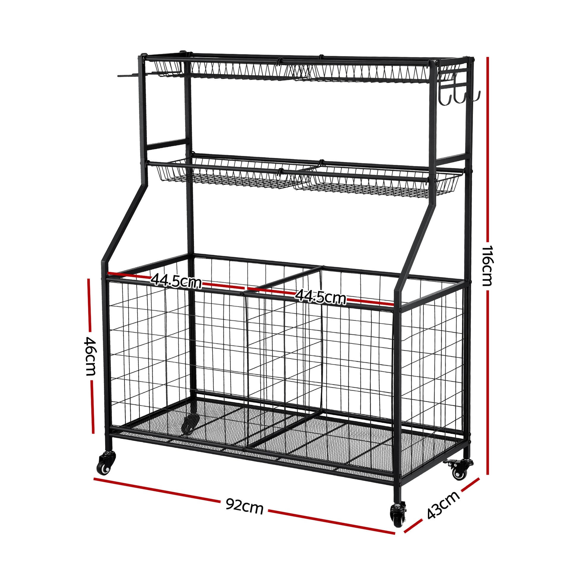Black Everfit sports equipment organizer with wheels, multi-sport garage gym storage unit, suitable for bathroom or gym use.