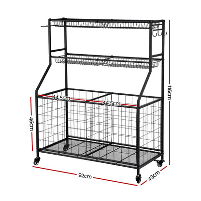 Black Everfit sports equipment organizer with wheels, multi-sport garage gym storage unit, suitable for bathroom or gym use.