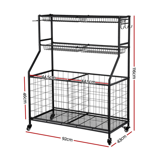 Black Everfit sports equipment organizer with wheels, multi-sport garage gym storage unit, suitable for bathroom or gym use.