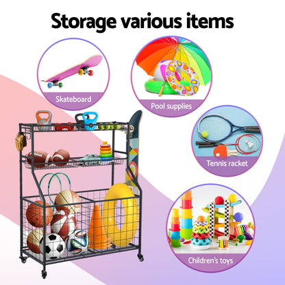 Black Everfit sports equipment organizer with wheels, multi-sport garage gym storage cabinet for efficient sports gear organization.