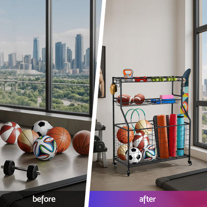 Black Everfit sports equipment organizer with wheels, ideal for multi-sport garage gym storage, featuring sturdy cabinetry.