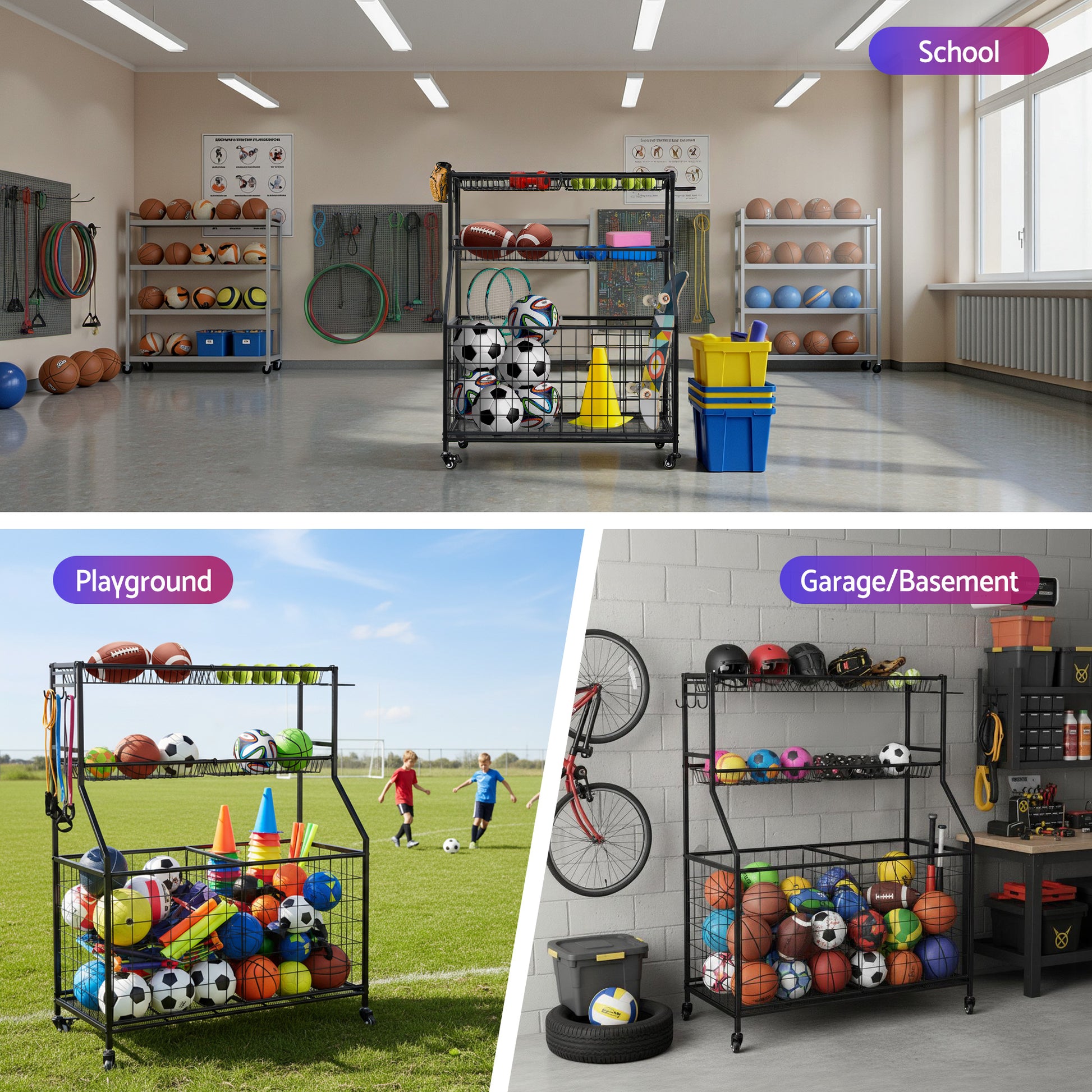 Black Everfit sports equipment organizer with wheels, ideal for garage gym storage, featuring multiple compartments for versatile use.