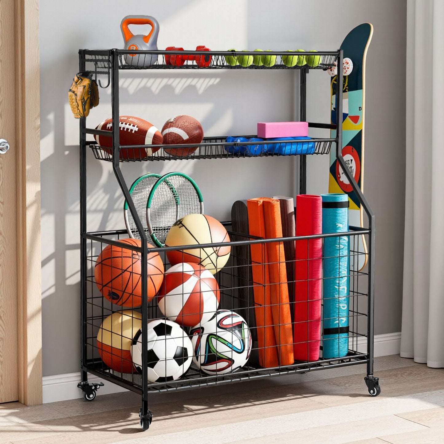 Black Everfit sports equipment organizer with wheels, ideal for garage gym storage, featuring multiple compartments for sports gear.