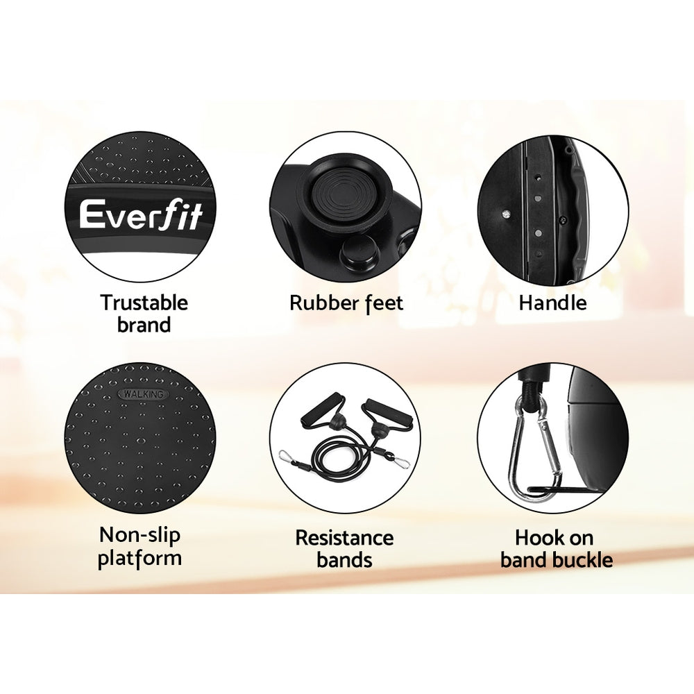 Everfit vibration machine platform with resistance rope for home fitness, black, designed for vibration exercise and muscle toning.