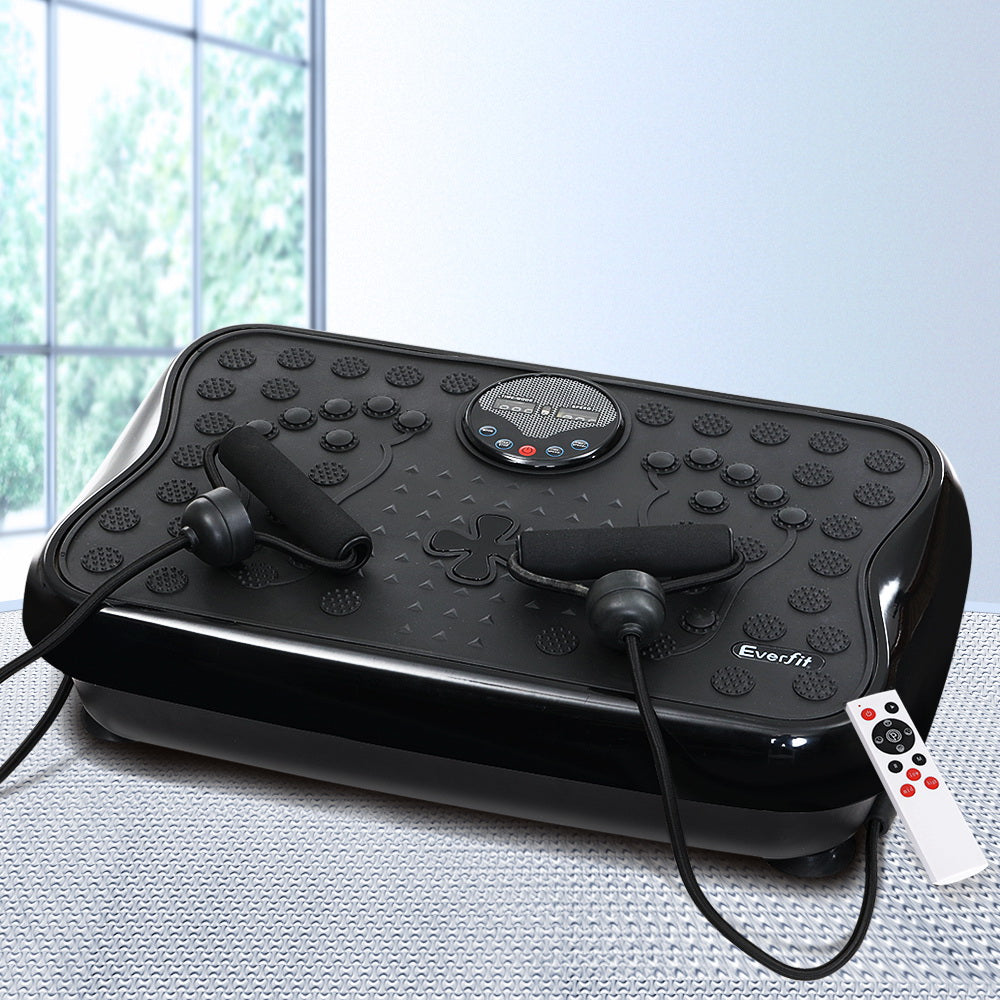 Everfit vibration machine platform with resistance rope, black home gym equipment for vibration exercise and full-body fitness.