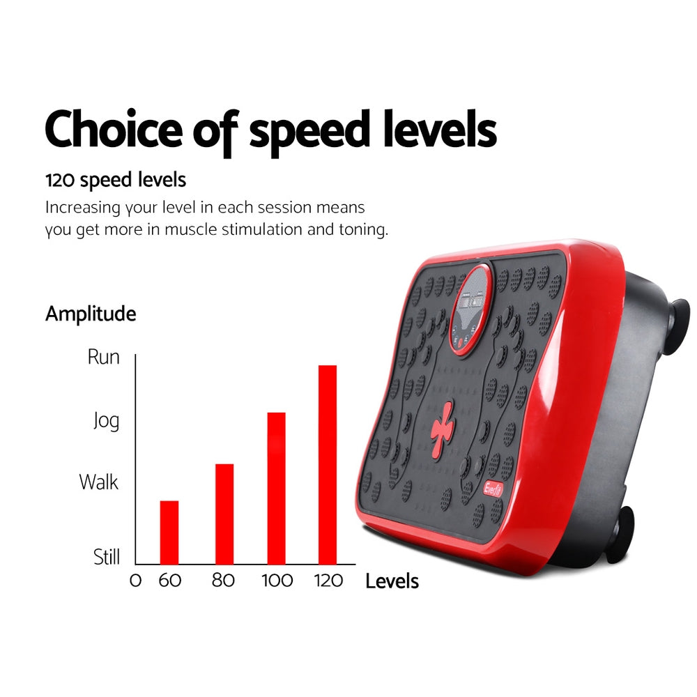Red Everfit vibration machine platform with resistance rope for home gym exercise, designed for effective vibration workouts.