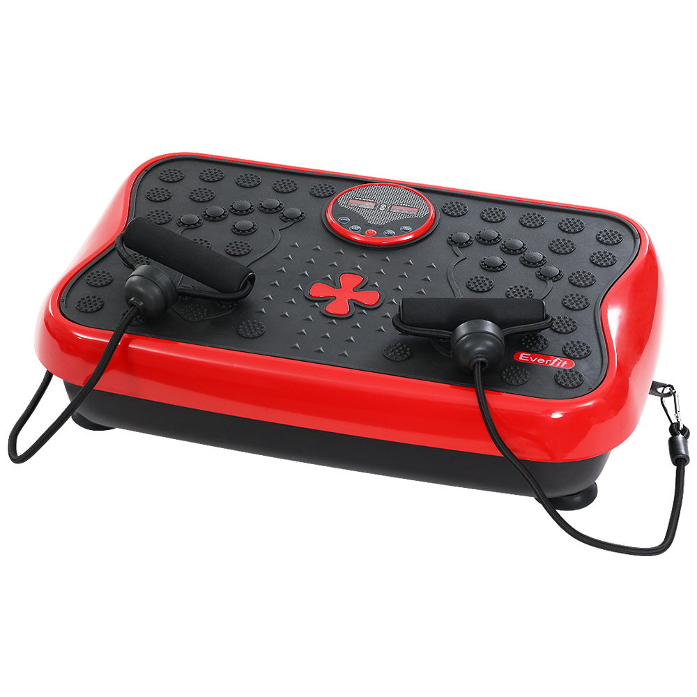 Everfit vibration machine platform in red with resistance rope, designed for home gym exercises and vibration fitness routines.