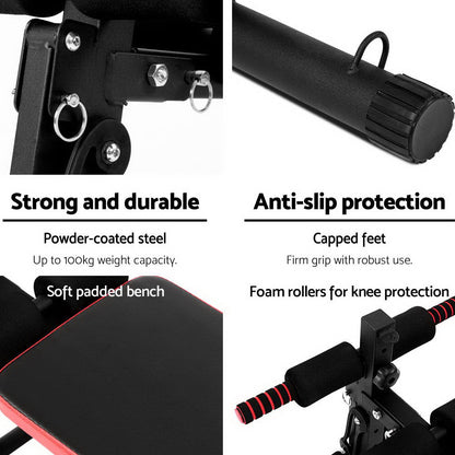Foldable Everfit weight bench for sit-ups and bench presses, black sports gym equipment by Hlpmedical.