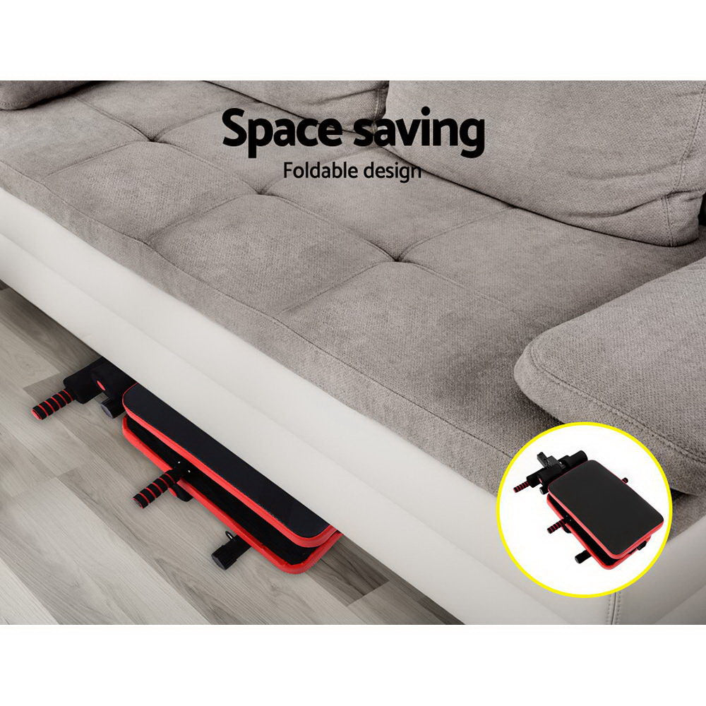 Foldable Everfit weight bench with adjustable backrest for sit-ups and bench presses, ideal for home gym workouts.