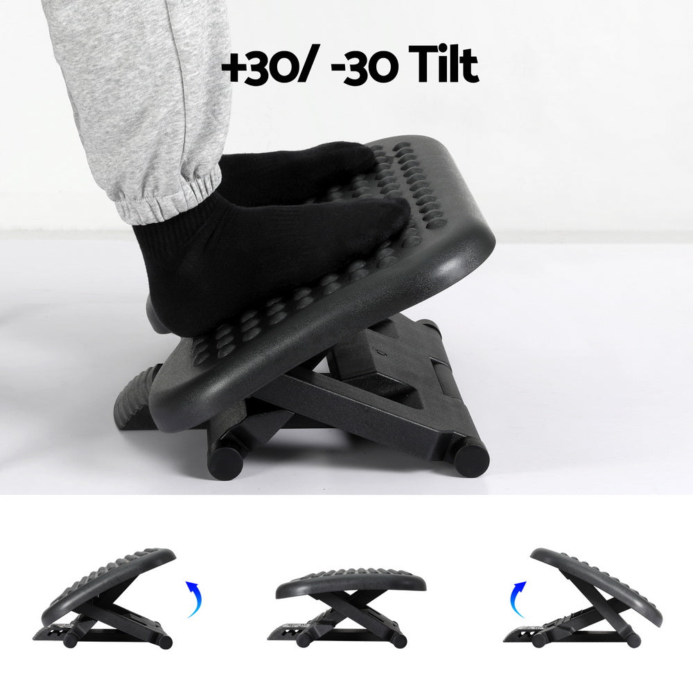 Black Artiss foot rest stool with adjustable angle and massage features, designed for office under-desk comfort.