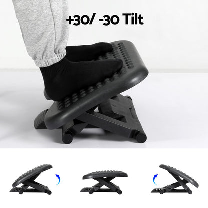 Black Artiss foot rest stool with adjustable angle and massage features, designed for office under-desk comfort.