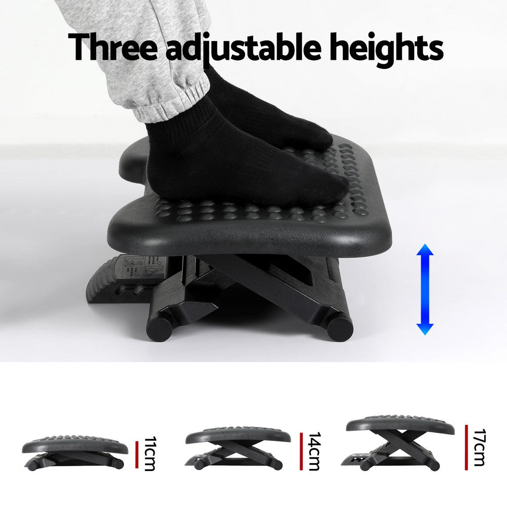 Black Artiss adjustable footrest stool with massage feature, designed for office under desk use, by Hlpmedical.