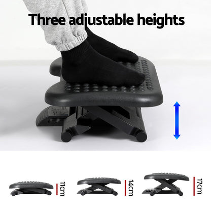 Black Artiss adjustable footrest stool with massage feature, designed for office under desk use, by Hlpmedical.