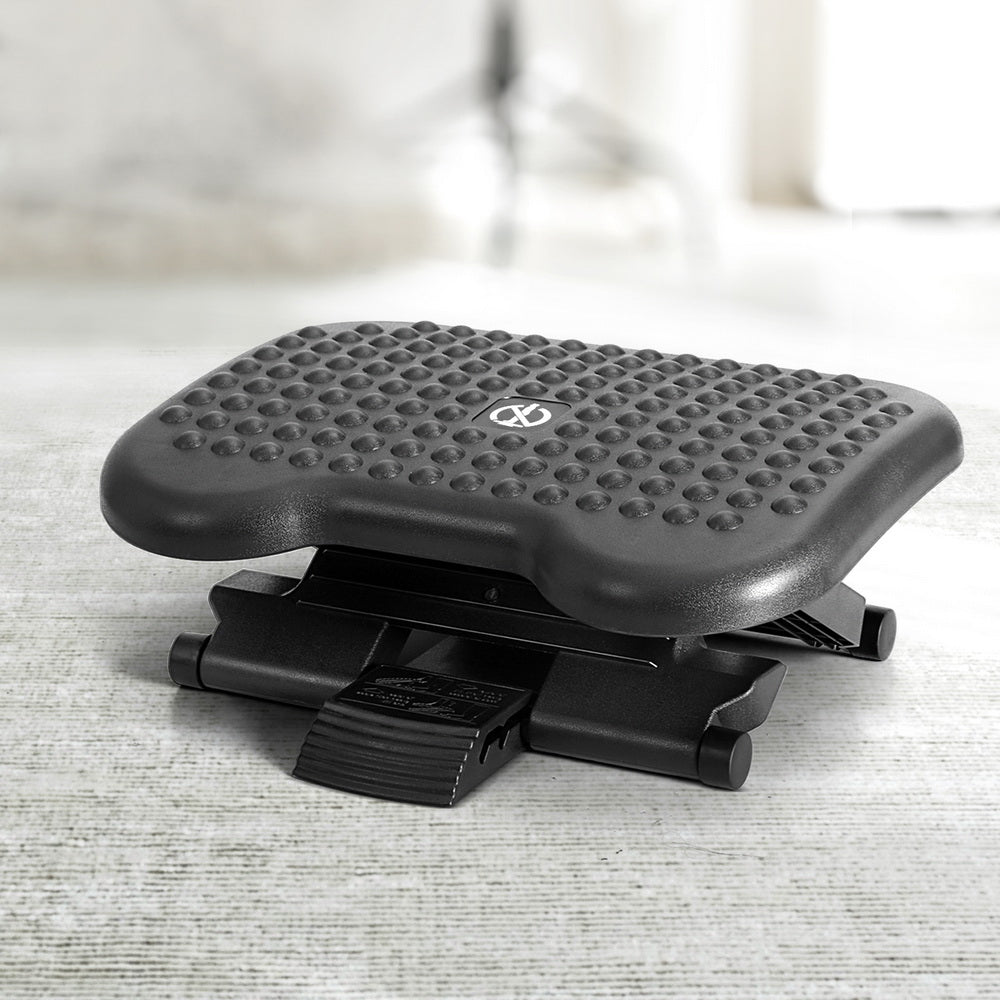 Black Artiss foot rest stool with adjustable angle and massage features, designed for office under-desk use.