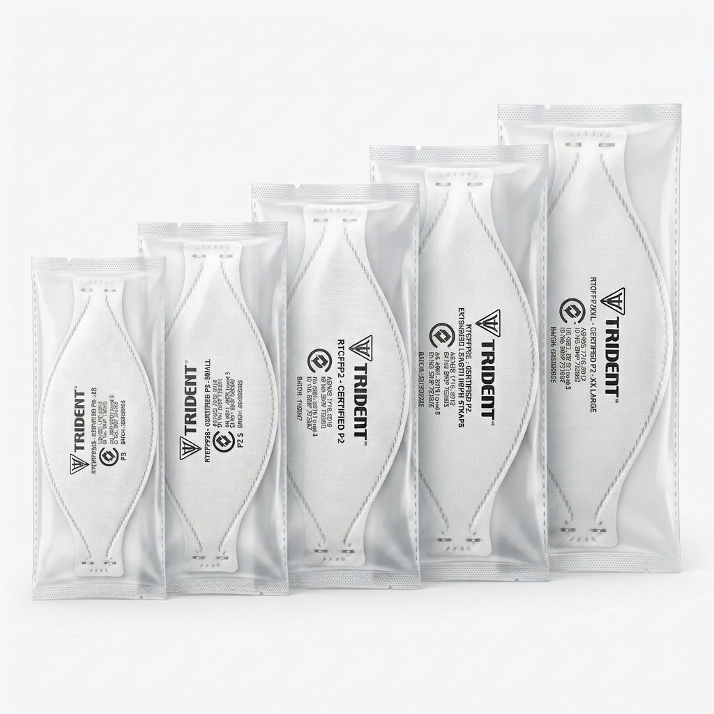 Set of five HLP Medical Supplies Trident P2 Level 3 respirator masks in various sizes including XS, S, Regular, Extended, and XXL.