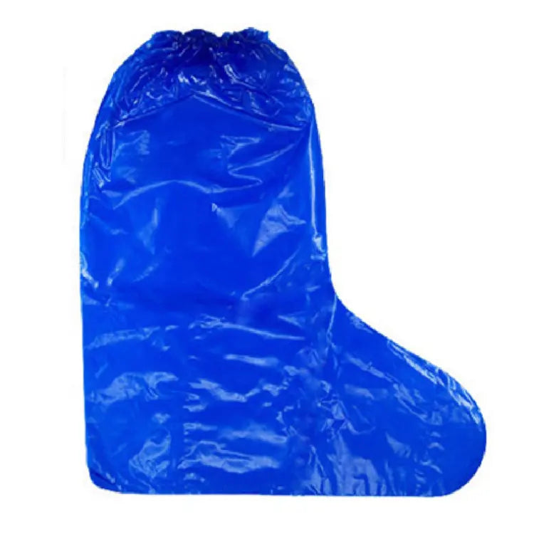 Pair of disposable blue LDPE boot covers with elastic top on white background