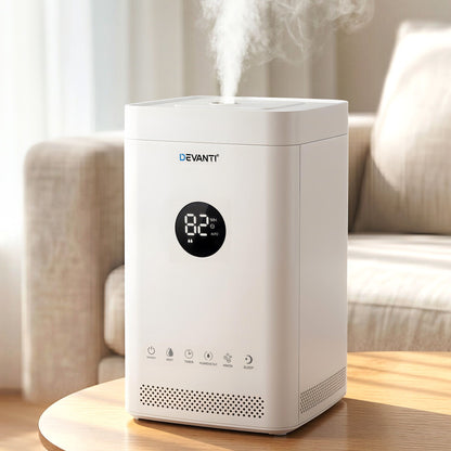 Devanti ultrasonic humidifier and air purifier in white, top-fill design, 3.5L capacity with auto humidity control, from Hlpmedical.