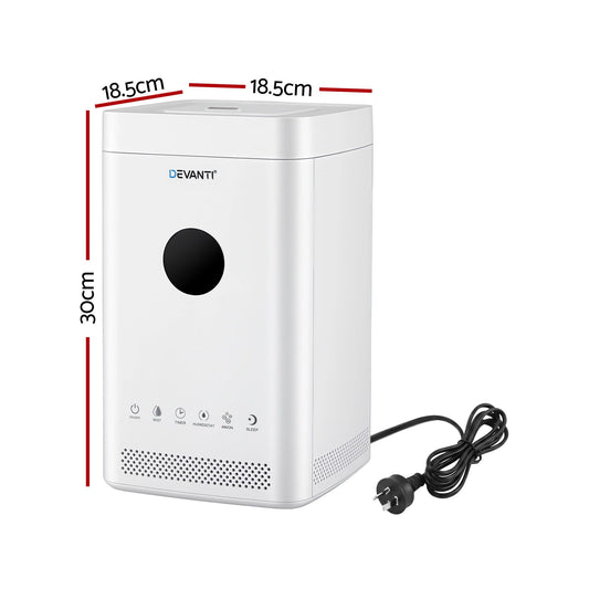 Devanti ultrasonic humidifier and air purifier in white with top-fill design, 3.5L capacity, auto humidity control by Hlpmedical