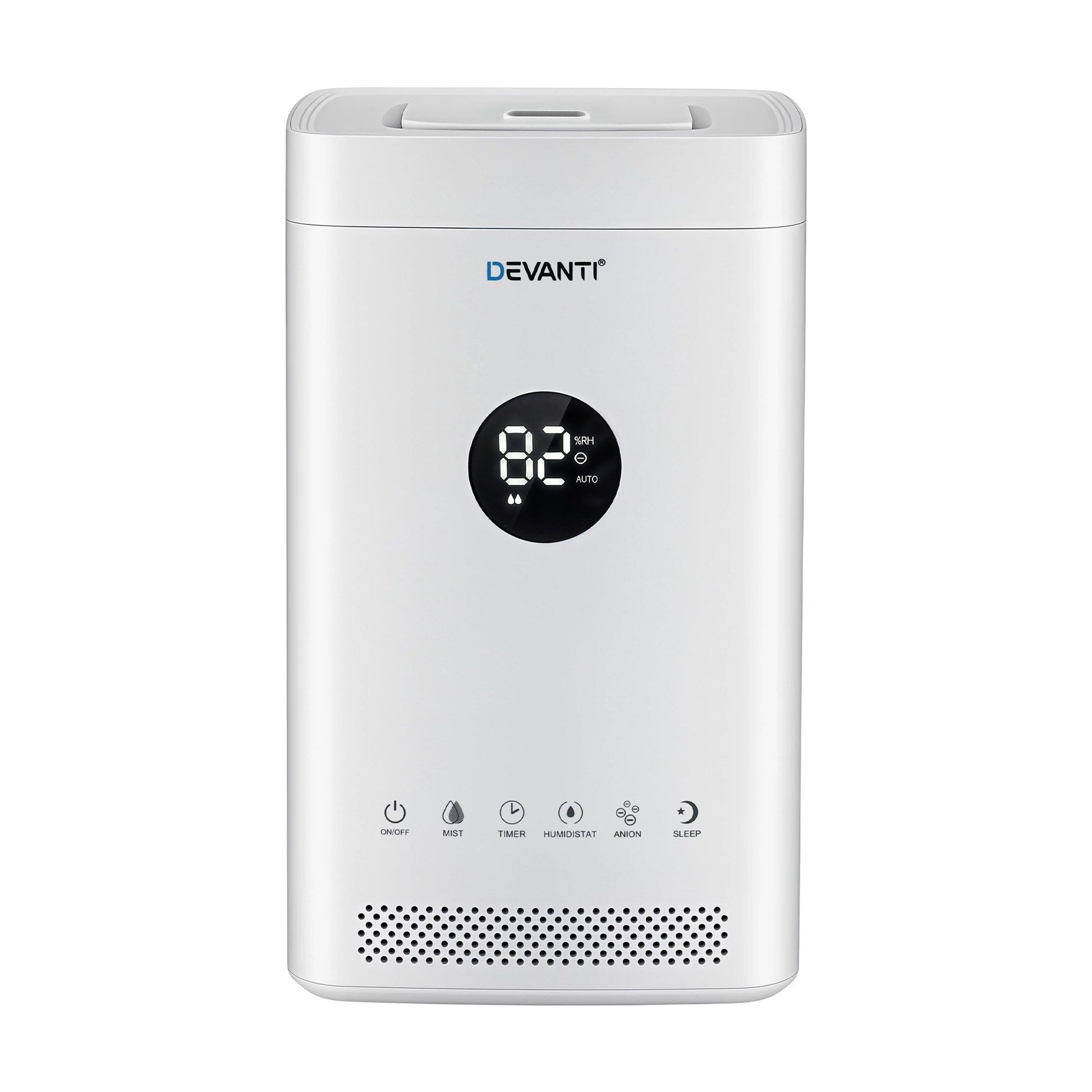 Devanti ultrasonic humidifier and air purifier in white with top fill design, 3.5L capacity, featuring auto humidity control.