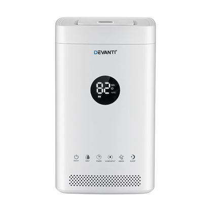 Devanti ultrasonic humidifier and air purifier in white with top fill design, 3.5L capacity, featuring auto humidity control.