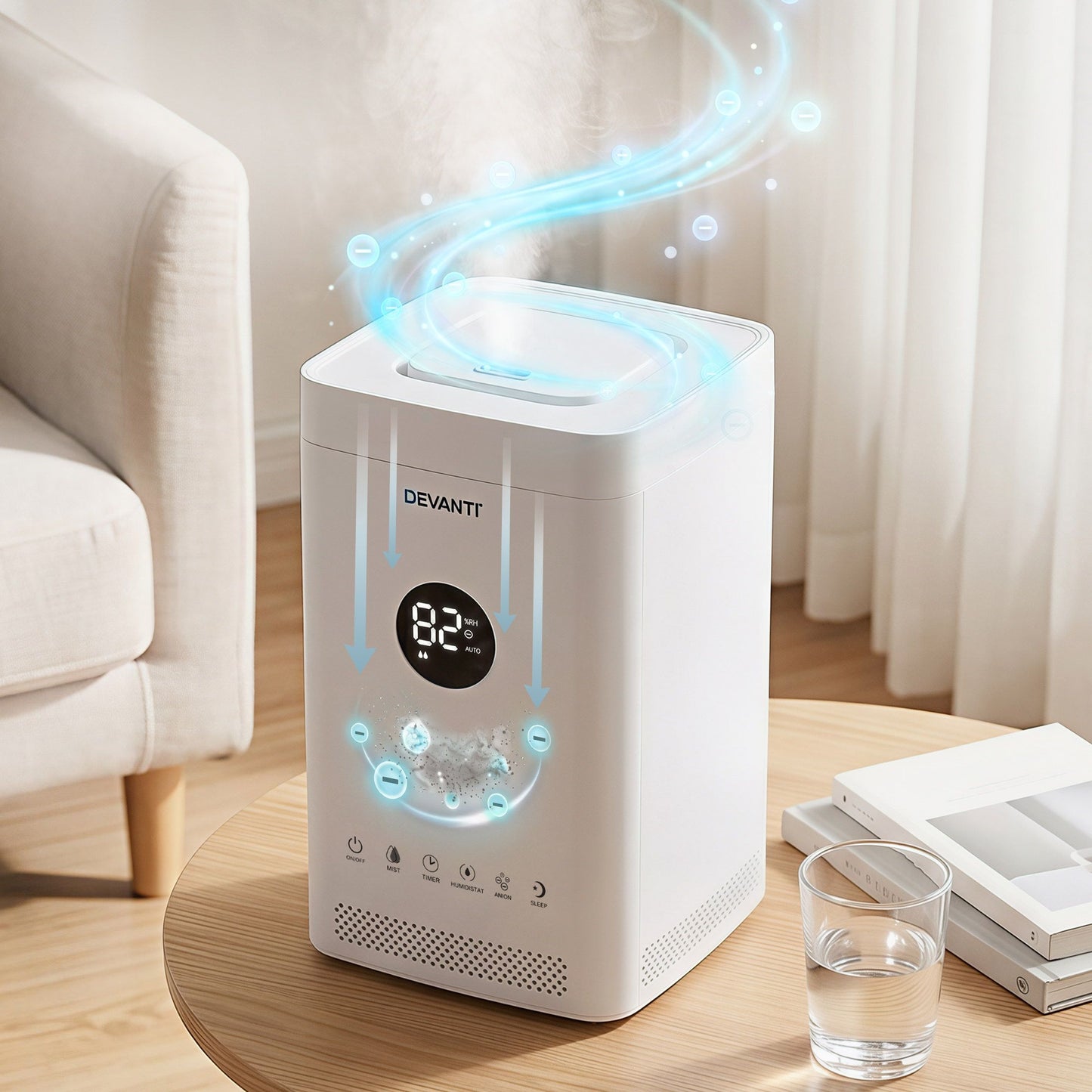 Devanti ultrasonic humidifier and air purifier in white, top-fill design with 3.5L capacity, auto humidity control, Hlpmedical brand