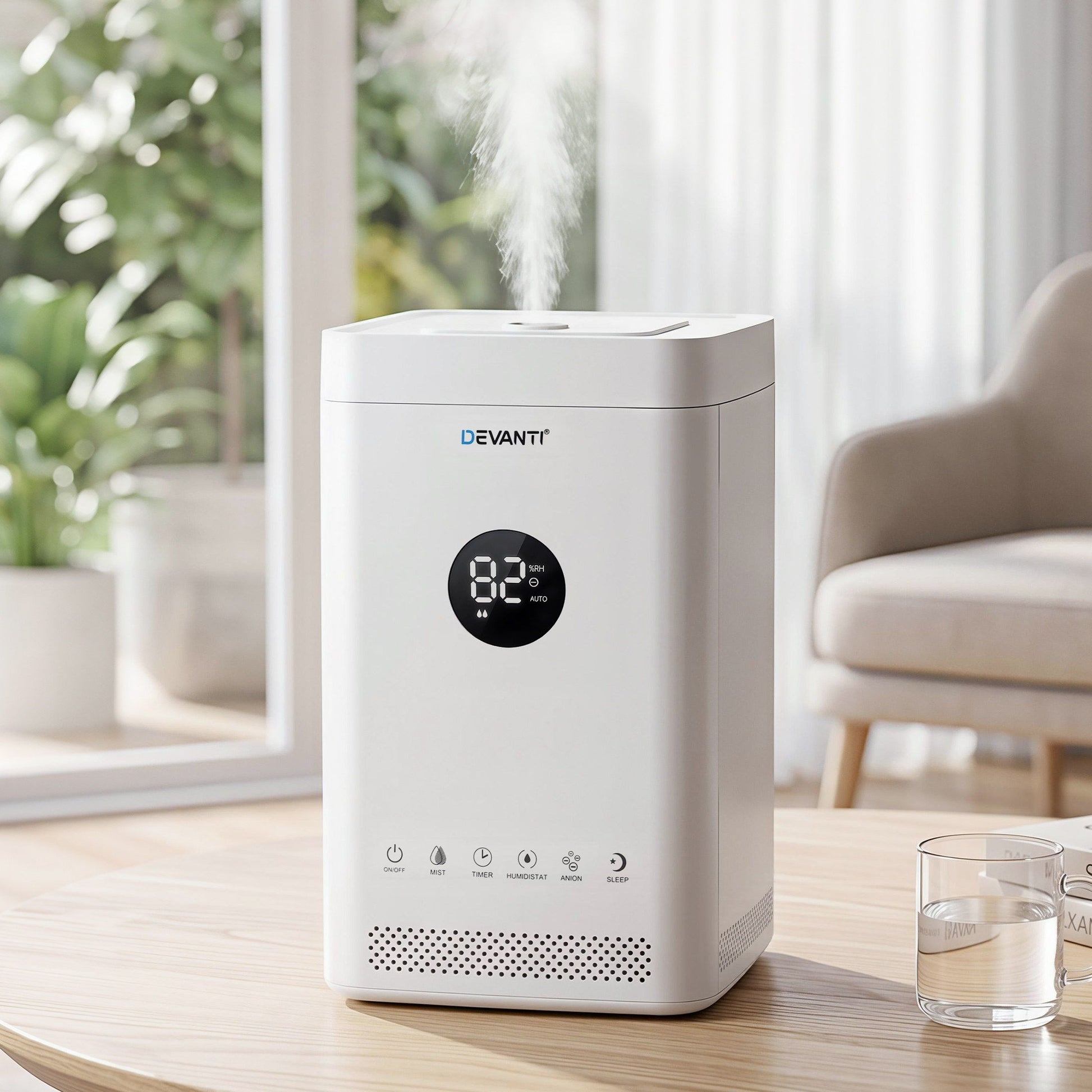 Devanti ultrasonic humidifier and air purifier in white, top-fill design with 3.5L capacity and auto humidity control.