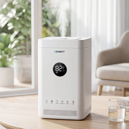Devanti ultrasonic humidifier and air purifier in white, top-fill design with 3.5L capacity and auto humidity control.