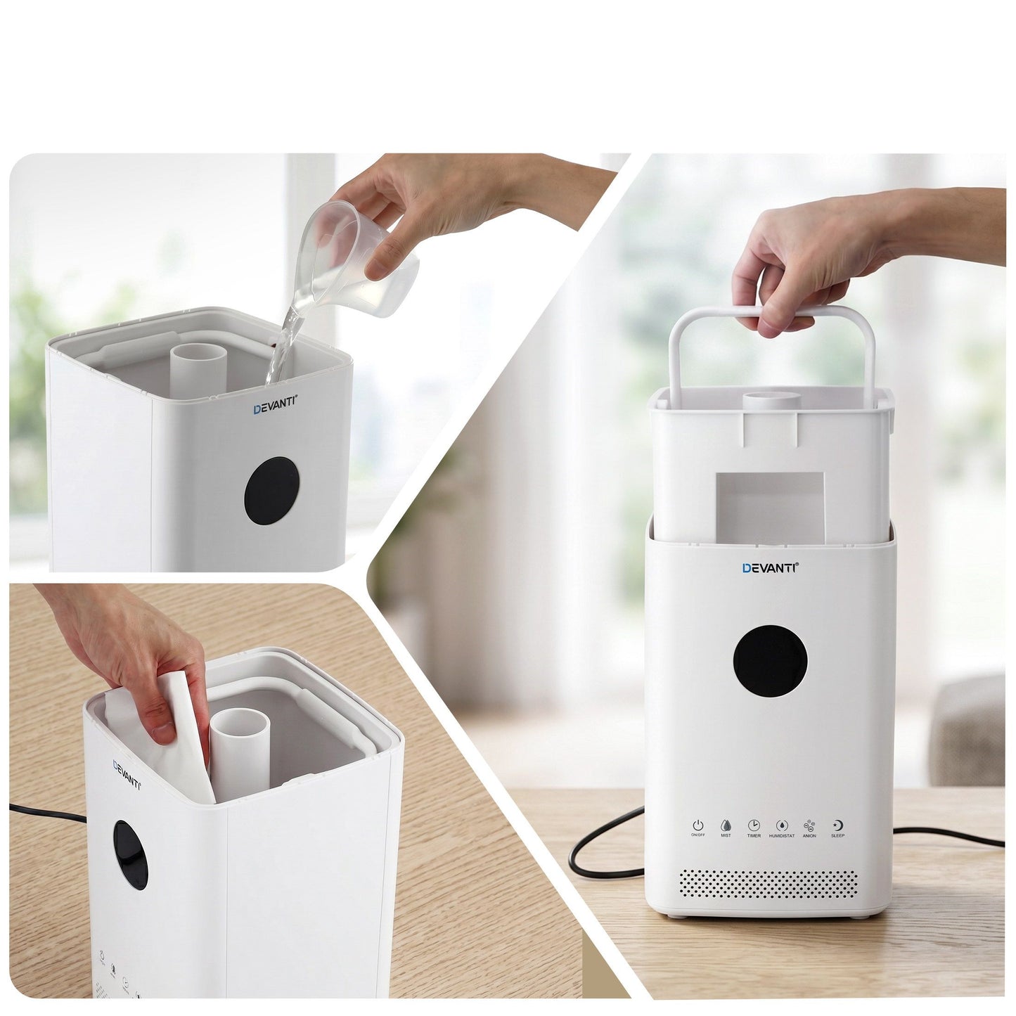 Devanti ultrasonic humidifier and air purifier in white with top fill design, 3.5L capacity, automatic humidity control, Hlpmedical brand