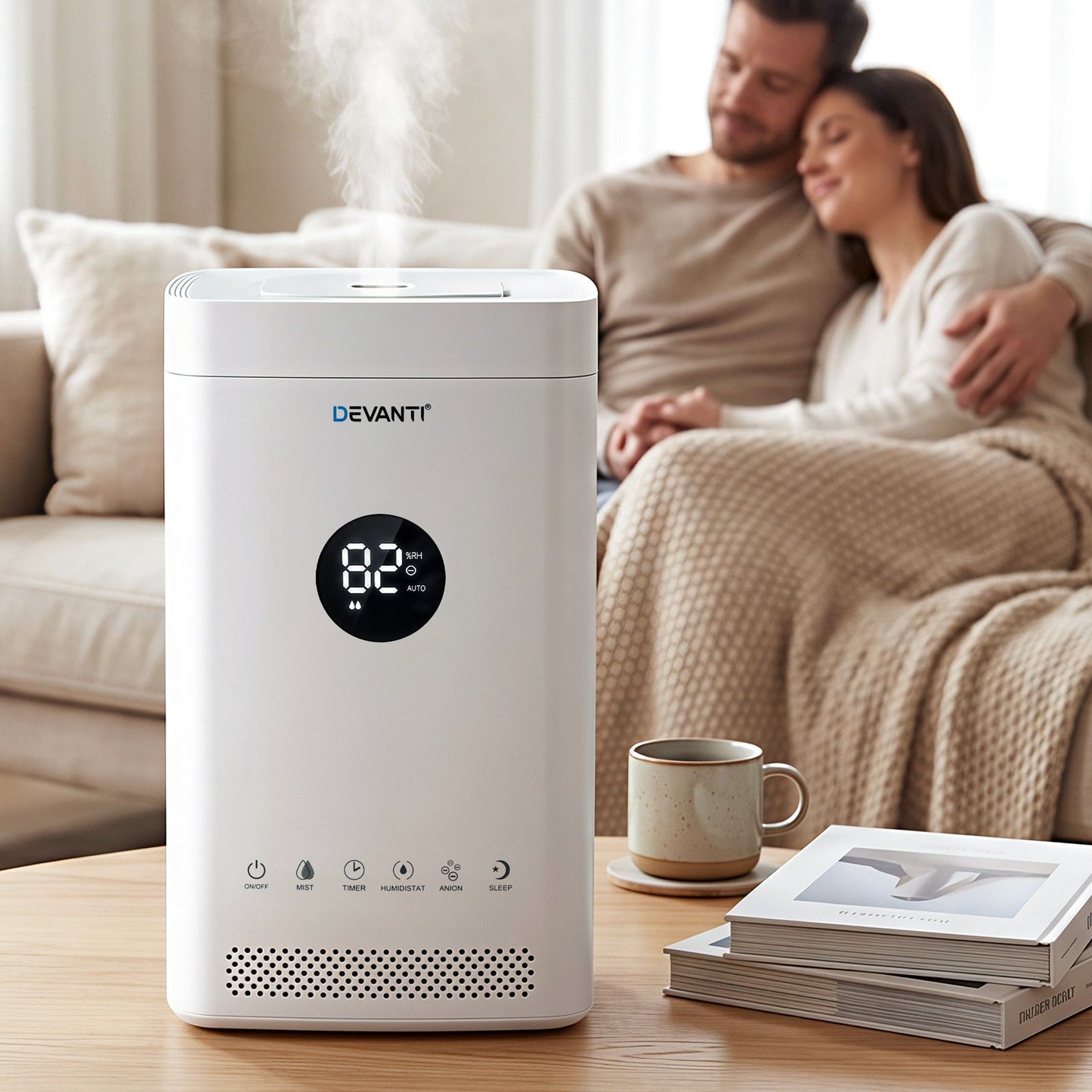 White Devanti ultrasonic humidifier and air purifier with top fill, 3.5L capacity and auto humidity control.