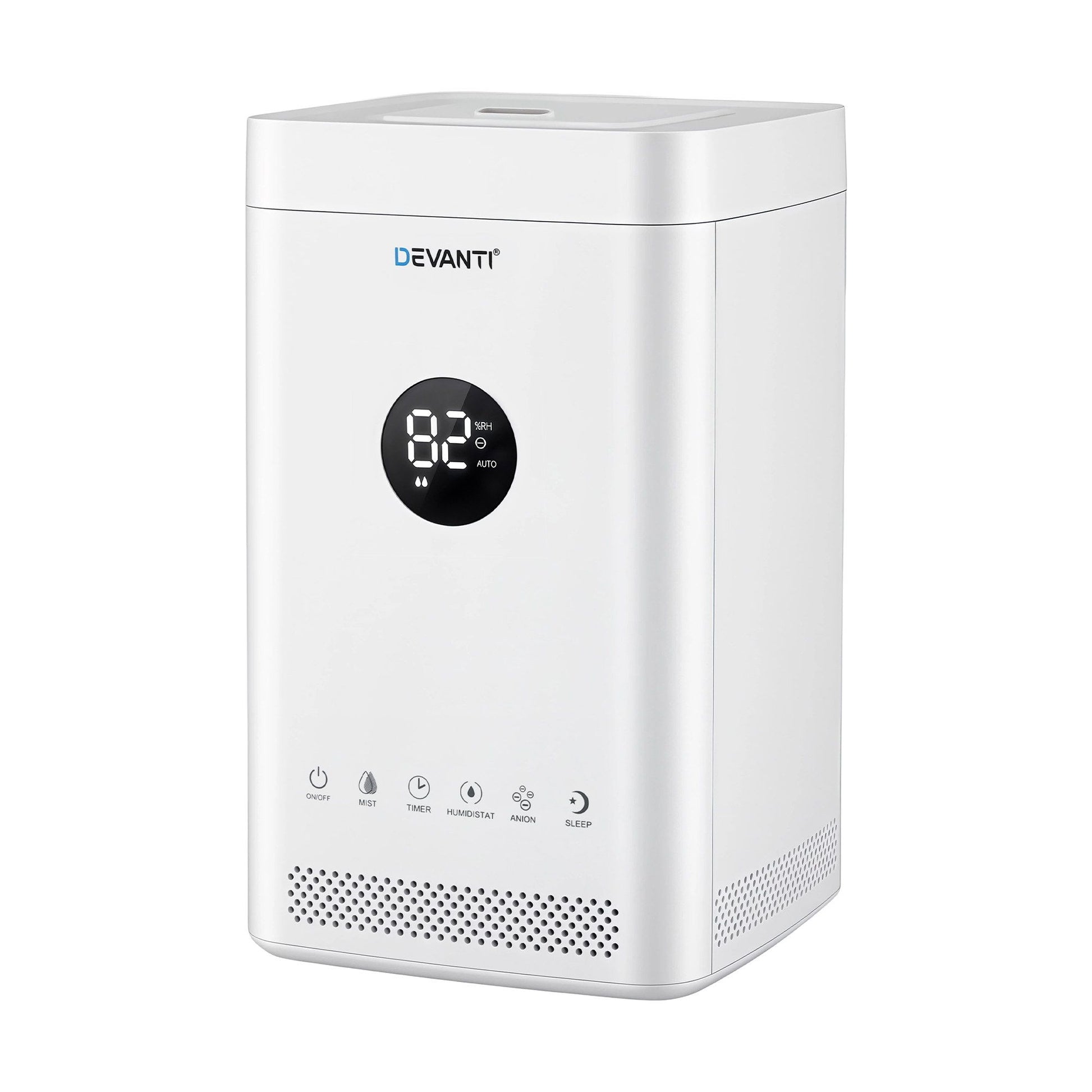 Devanti ultrasonic humidifier and air purifier in white, top-fill design with 3.5L capacity and auto humidity feature.