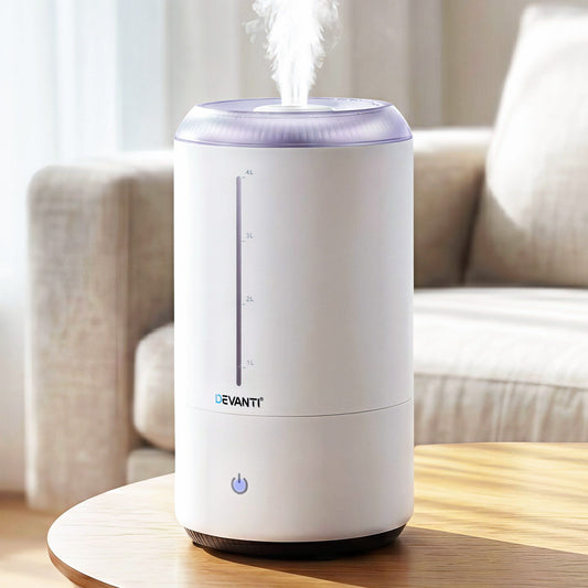 Devanti 4L ultrasonic humidifier and aroma diffuser in white, top-fill design, quiet operation for bedroom use.