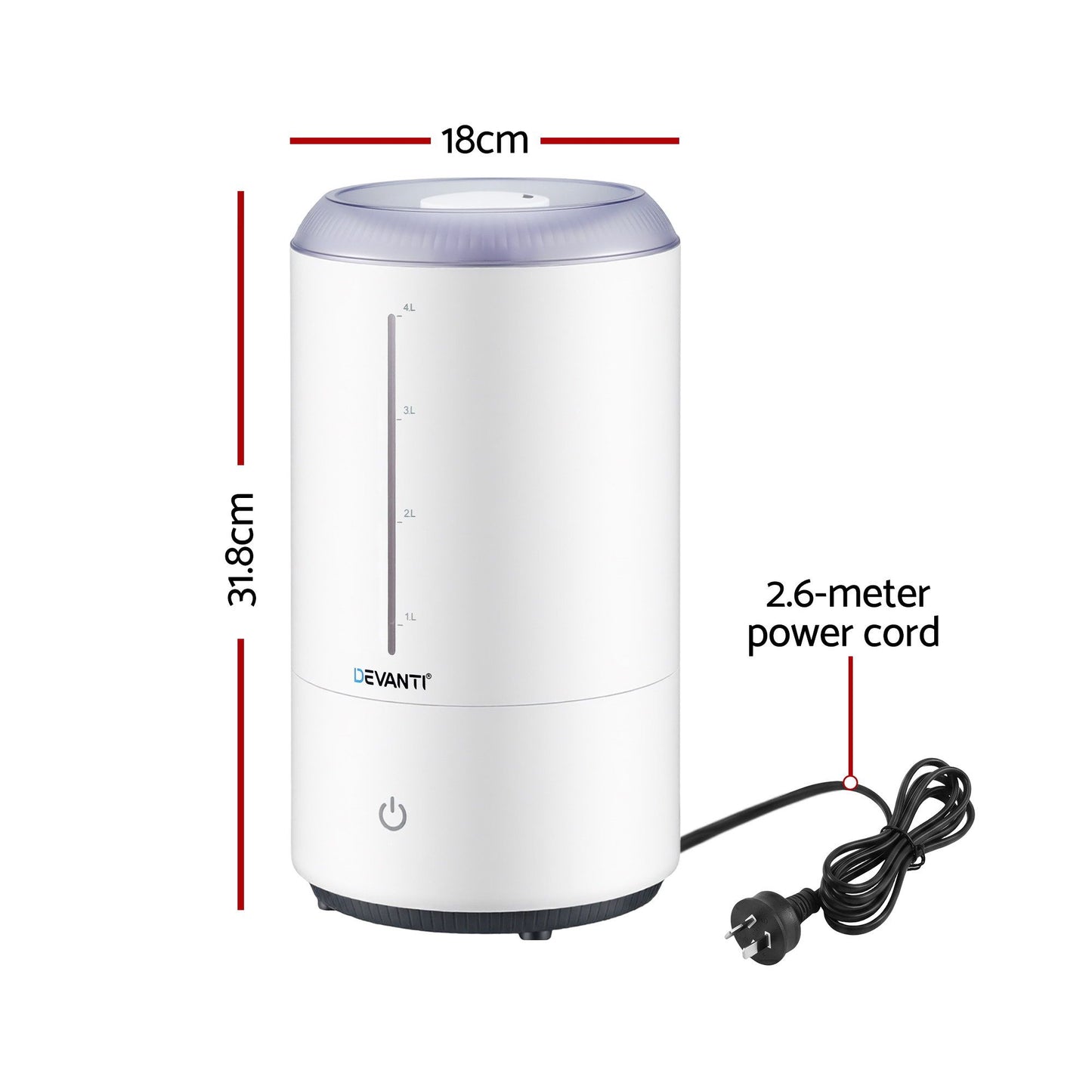Devanti 4L ultrasonic humidifier and aroma diffuser in white, top-fill design, quiet operation for bedroom use by Hlpmedical