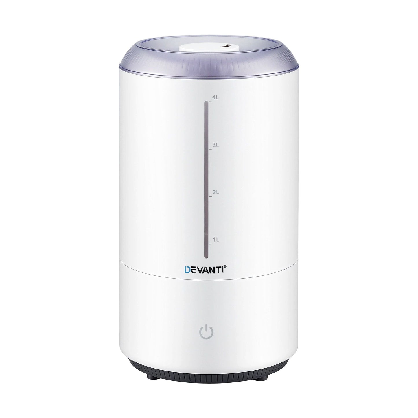 White Devanti ultrasonic humidifier aroma diffuser with top-fill design, 4L capacity, quiet operation, ideal for bedroom use.