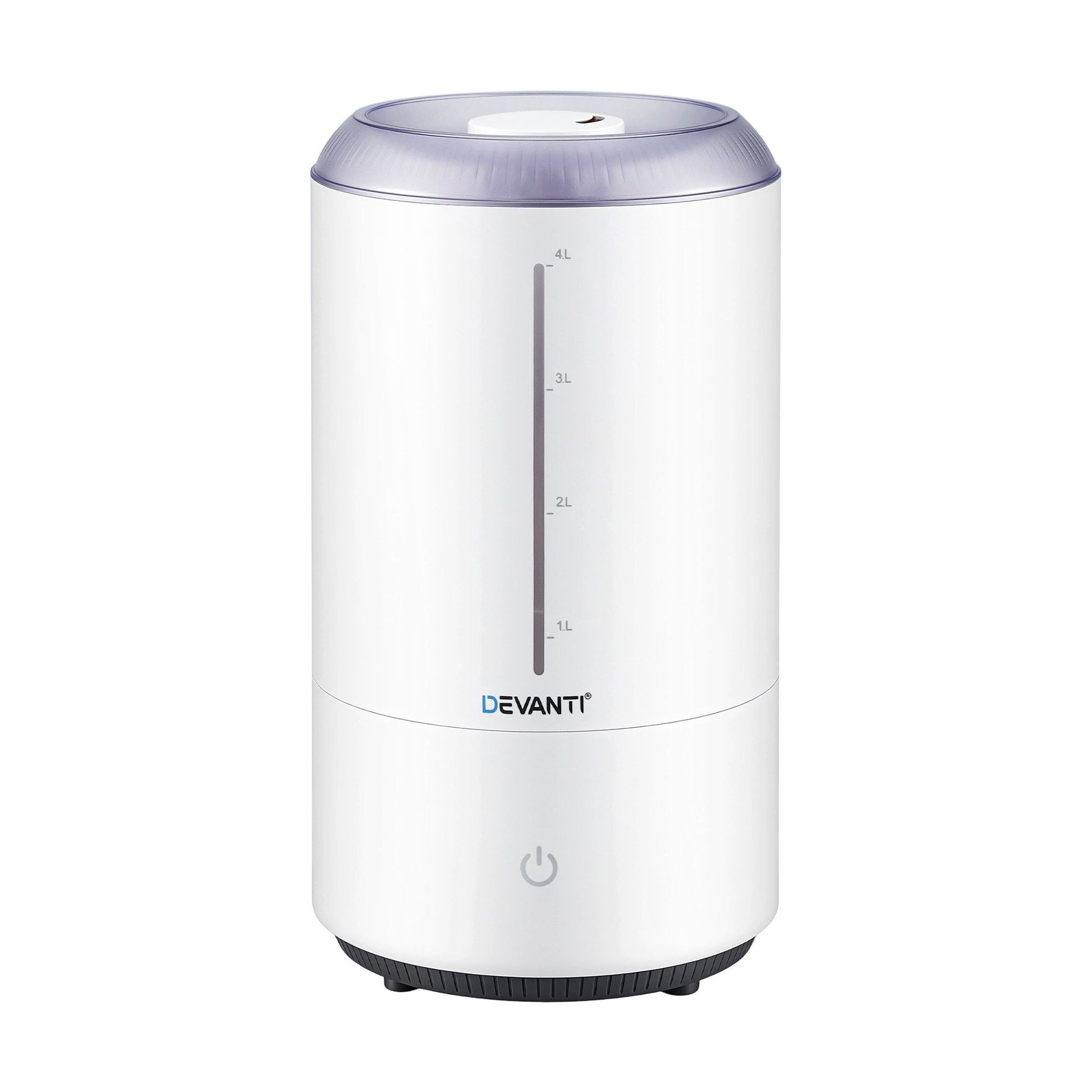 White Devanti ultrasonic humidifier aroma diffuser with top-fill design, 4L capacity, quiet operation, ideal for bedroom use.