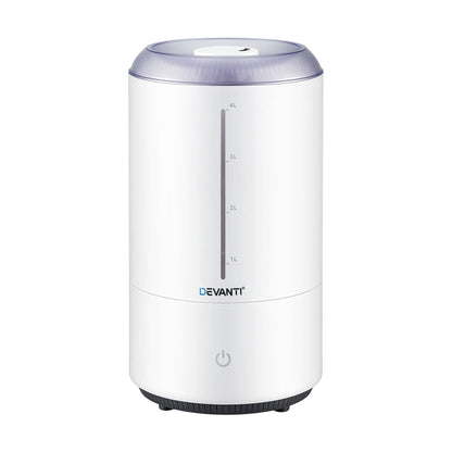 White Devanti ultrasonic humidifier aroma diffuser with top-fill design, 4L capacity, quiet operation, ideal for bedroom use.