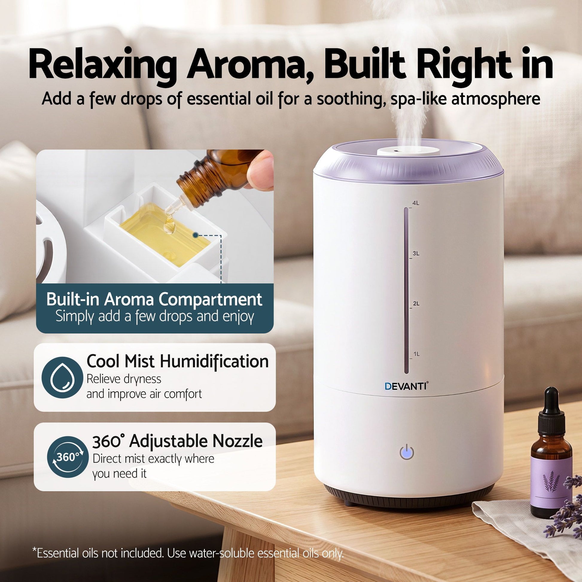 Devanti 4L ultrasonic humidifier and aroma diffuser in white with top fill design, quiet operation, ideal for bedroom use